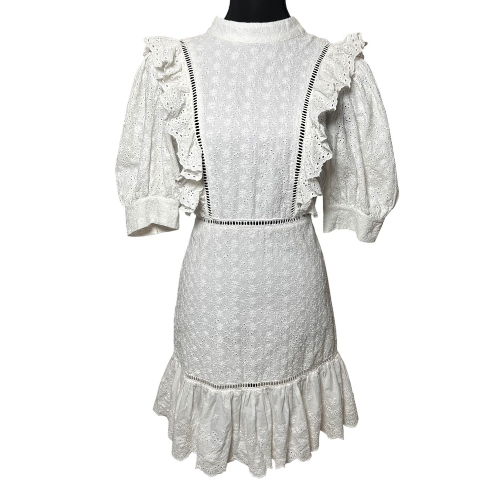 Collective The Label White Eyelet Cotton Mini Dress Ruffle Open Back 4‎ Cottage